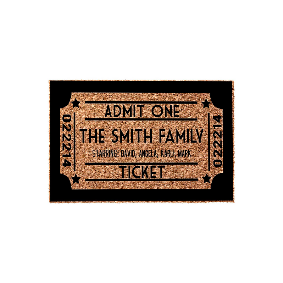 Personalized Movie Ticket Doormat featuring a classic cinema admission design on a natural coir background, customized with a family name and starring list to create a fun and welcoming entrance for any movie-loving home.