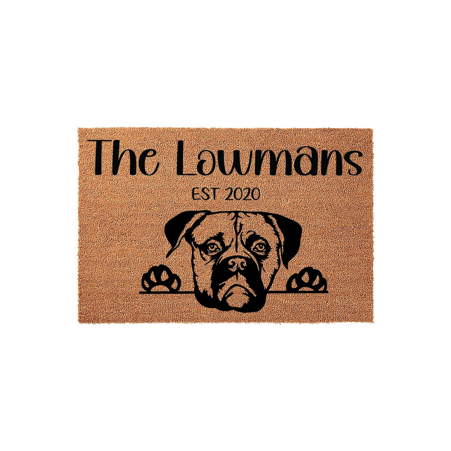 Personalized Boxer dog doormat featuring a natural coir texture with a black illustration of a Boxer peeking over the edge, customized with a family name and established year printed in a clean, modern black font on a white