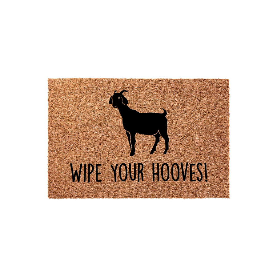 Goat Welcome Doormat featuring a black silhouette of a goat centered above the humorous text Wipe Your Hooves, printed on a natural tan coir fiber mat that adds a fun and rustic touch to any farmhouse entryway or front porch