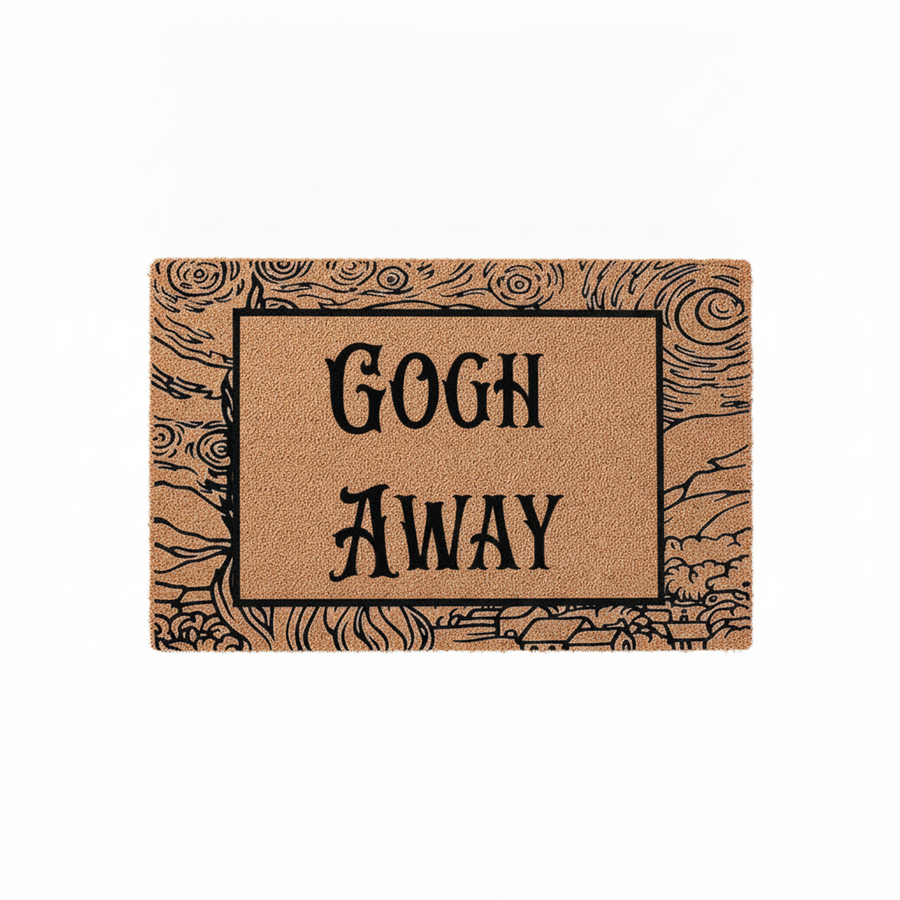 Gogh Away coir doormat featuring a humorous pun and a black ink-style border inspired by Van Gogh's Starry Night, set against a plain white background to highlight the textured natural fiber material and the bold, artistic