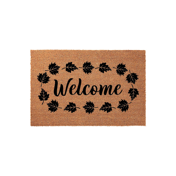 Fall Welcome Doormat featuring a natural coir fiber texture with a black printed script font and a decorative wreath of autumn maple leaves surrounding the center text, creating a festive seasonal entryway accent for your front