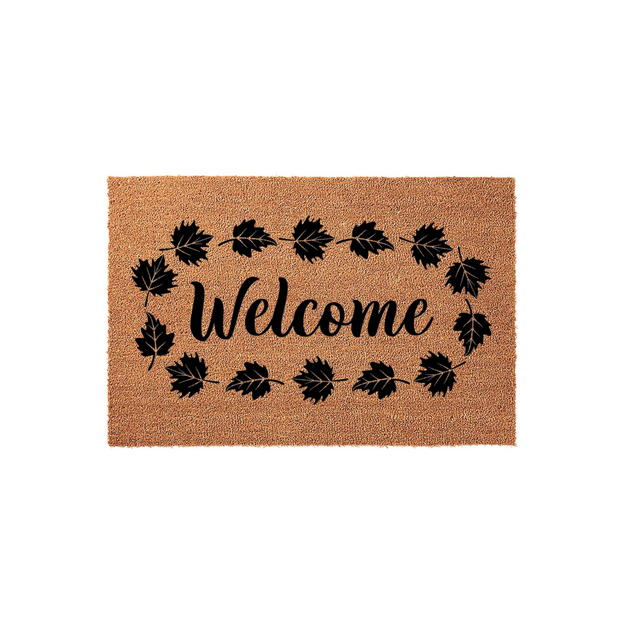Fall Welcome Doormat featuring a natural coir fiber texture with a black printed script font and a decorative wreath of autumn maple leaves surrounding the center text, creating a festive seasonal entryway accent for your front