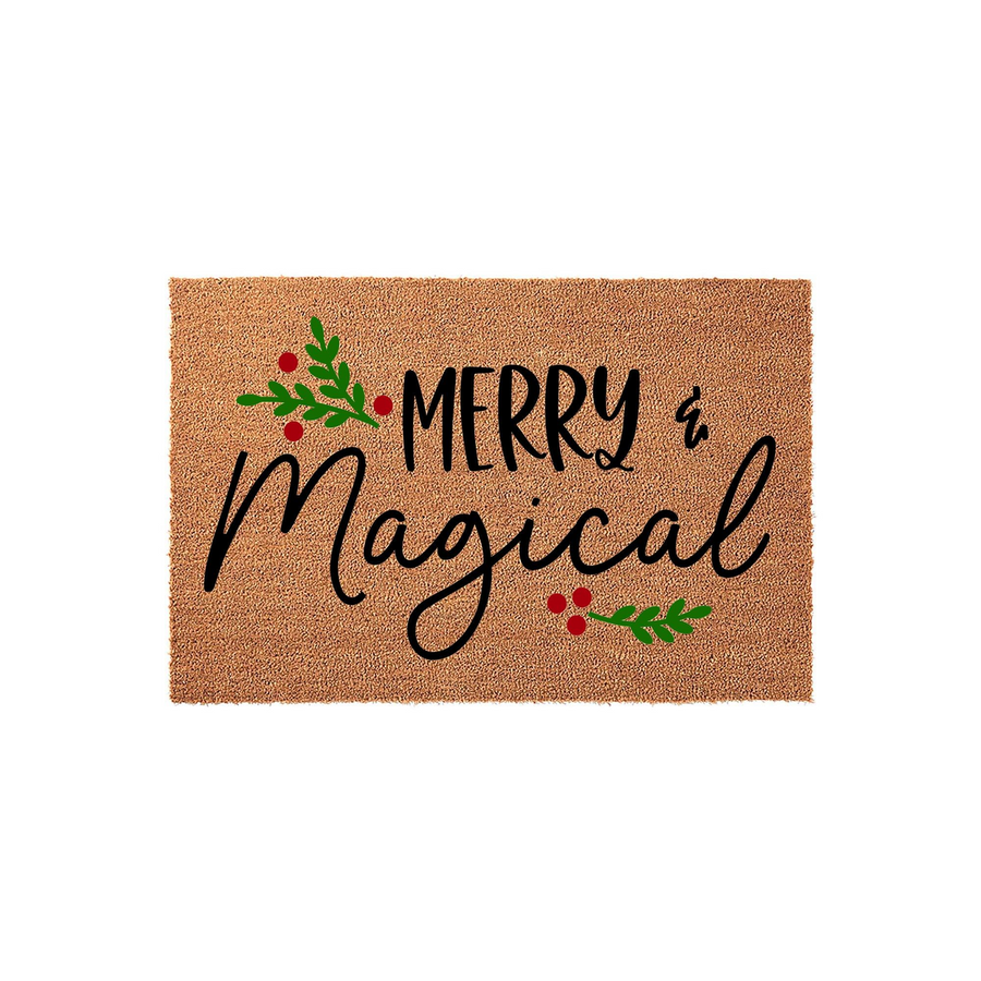 Merry and Magical Christmas doormat featuring festive holly berry accents on a natural coir fiber background, perfect for adding a cheerful holiday touch to your front porch decor during the winter season and welcoming guests to