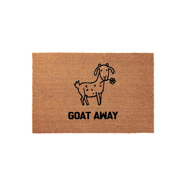 Goat Away coir doormat featuring a whimsical black line drawing of a spotted goat holding a small flower in its mouth, centered on a natural brown textured fiber background with bold black text underneath the illustration.