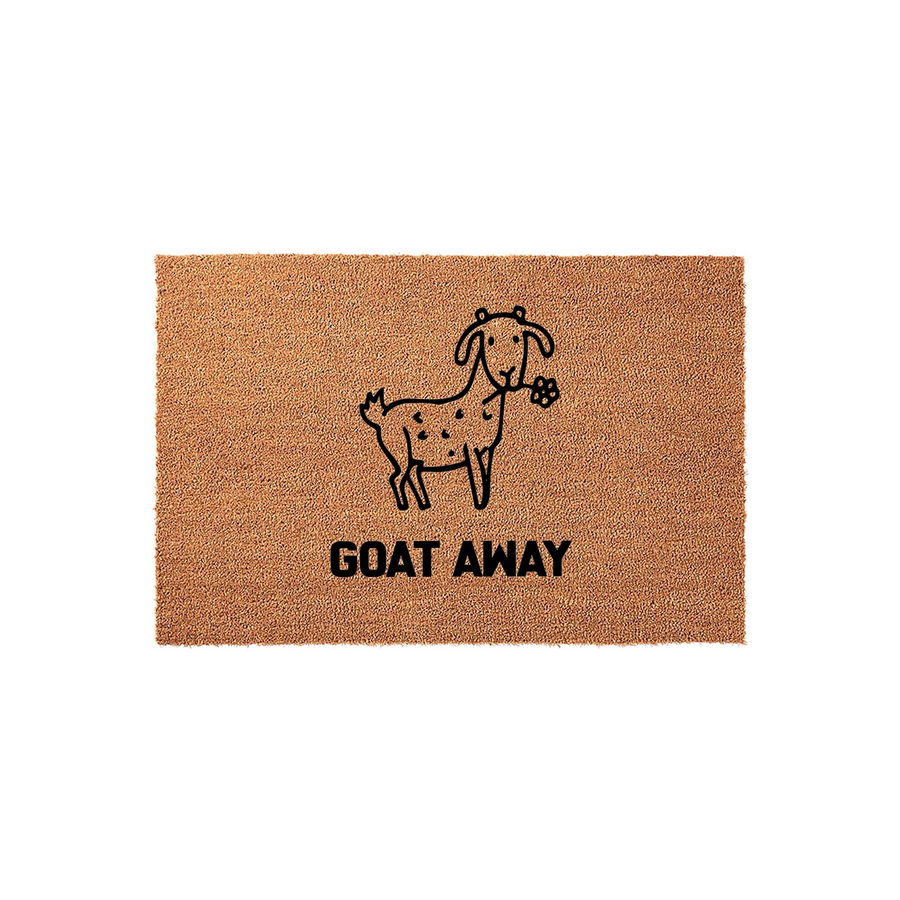 Goat Away coir doormat featuring a whimsical black line drawing of a spotted goat holding a small flower in its mouth, centered on a natural brown textured fiber background with bold black text underneath the illustration.
