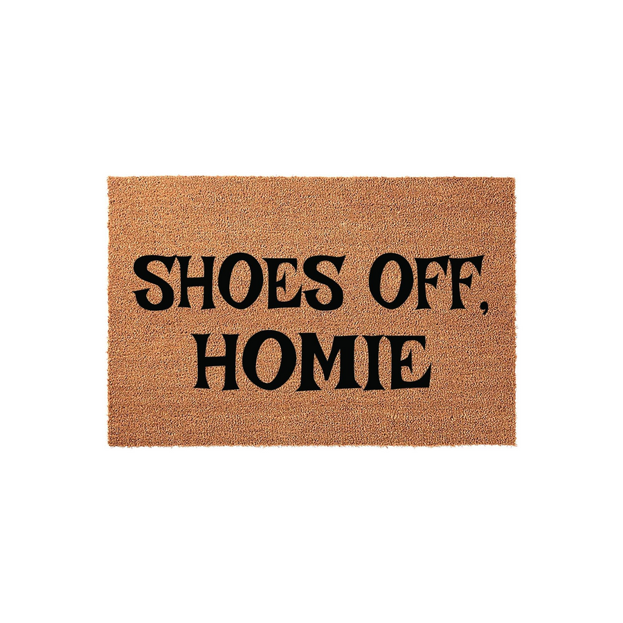 Shoes Off Homie Coir Doormat featuring a natural brown coconut fiber texture with bold black lettering that reads Shoes Off, Homie, making it a fun and functional entryway rug for your front porch or home entrance decor.