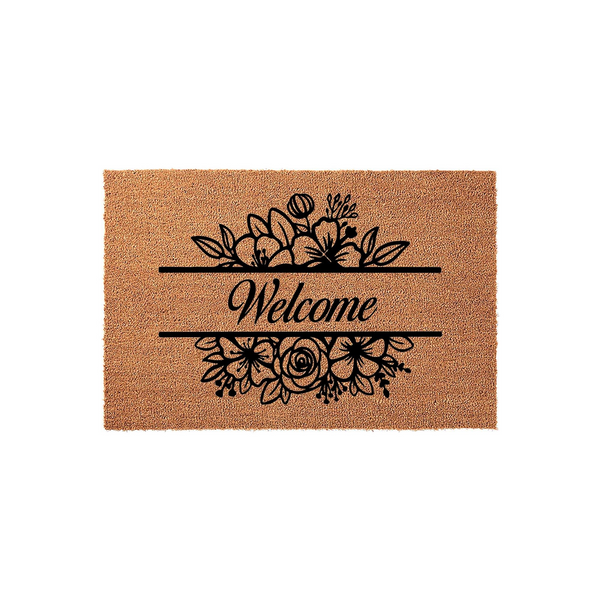 Floral Welcome Coir Doormat featuring a natural tan fiber texture with a black printed design of elegant flowers surrounding the word Welcome, creating a charming and inviting entryway accent for your home front porch decor.