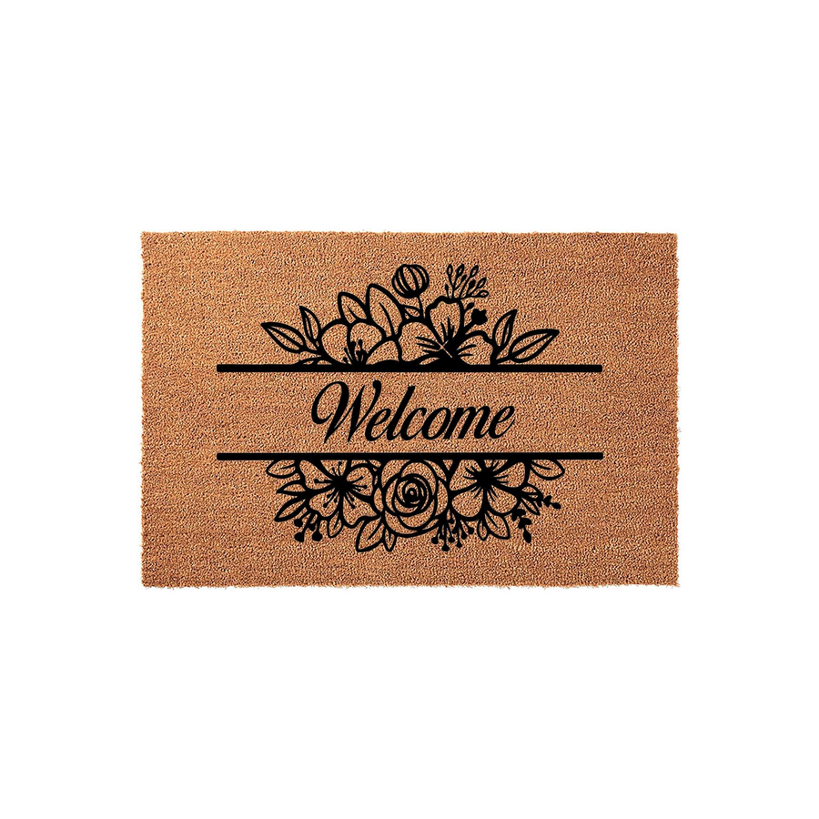 Floral Welcome Coir Doormat featuring a natural tan fiber texture with a black printed design of elegant flowers surrounding the word Welcome, creating a charming and inviting entryway accent for your home front porch decor.