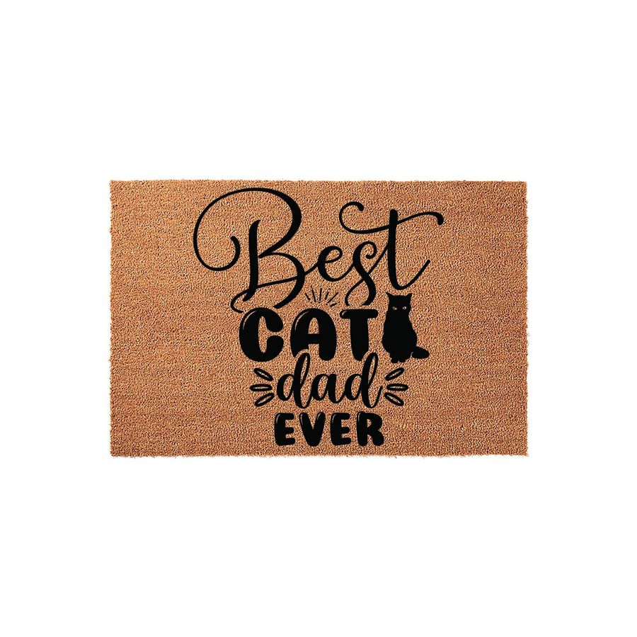 Best Cat Dad Ever coir doormat featuring a black cat silhouette and bold, decorative typography printed on a natural brown fiber surface, making a fun entryway accent for any pet owner who loves their feline companion.
