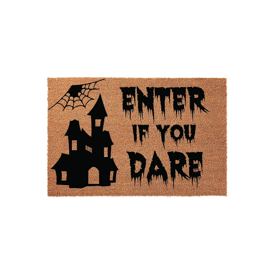 Enter If You Dare Halloween doormat made of natural coir fiber, featuring a spooky black haunted house silhouette and a spiderweb design on a plain white background for a festive seasonal entryway decoration.