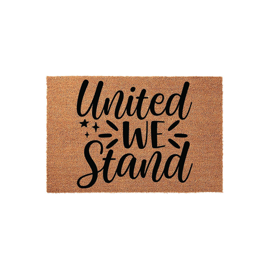 United We Stand coir doormat featuring bold black script lettering on a natural brown fiber background, designed to add a patriotic and welcoming touch to your front porch entryway with its durable, textured outdoor floor mat