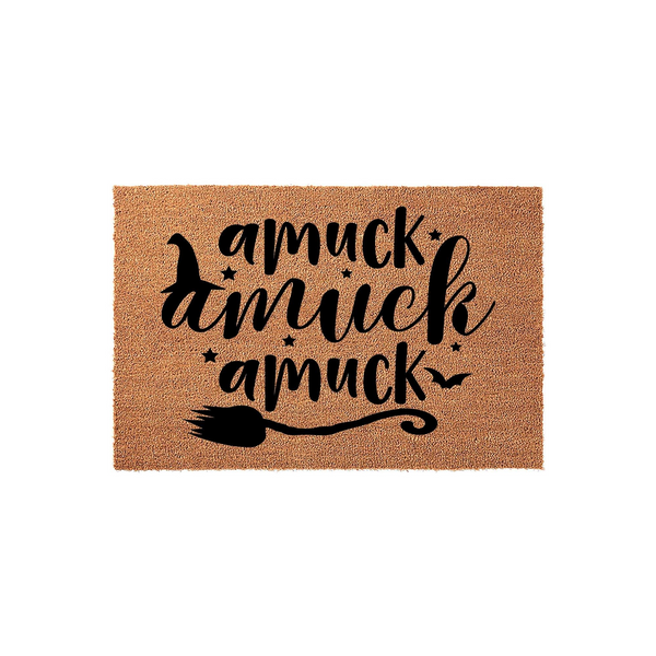Amuck Amuck Amuck Halloween Doormat featuring a natural coir fiber texture with black printed text, a witch hat, a broomstick, and small bat silhouettes, creating a festive seasonal entryway decor piece for your front porch or