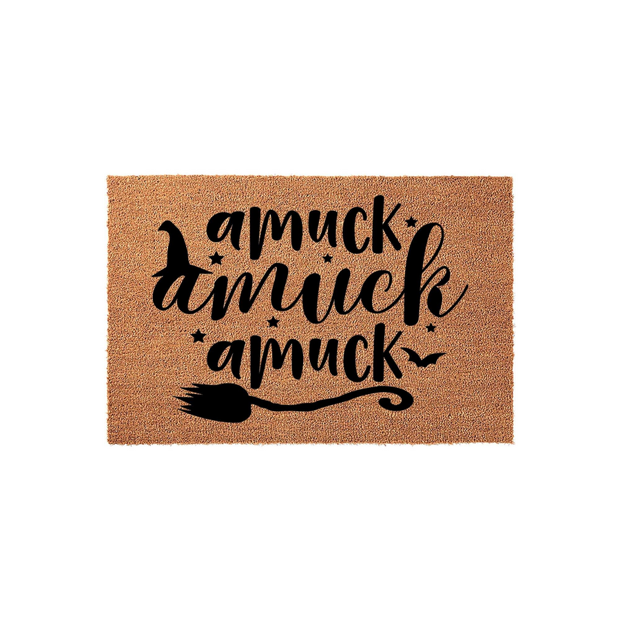 Amuck Amuck Amuck Halloween Doormat featuring a natural coir fiber texture with black printed text, a witch hat, a broomstick, and small bat silhouettes, creating a festive seasonal entryway decor piece for your front porch or