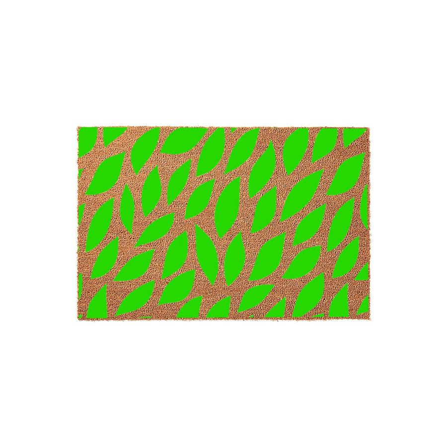 Natural coir leaf pattern doormat featuring a vibrant lime green botanical print on a textured brown coconut fiber background, designed to add a fresh and modern touch to your front porch entryway decor for any season of the year.