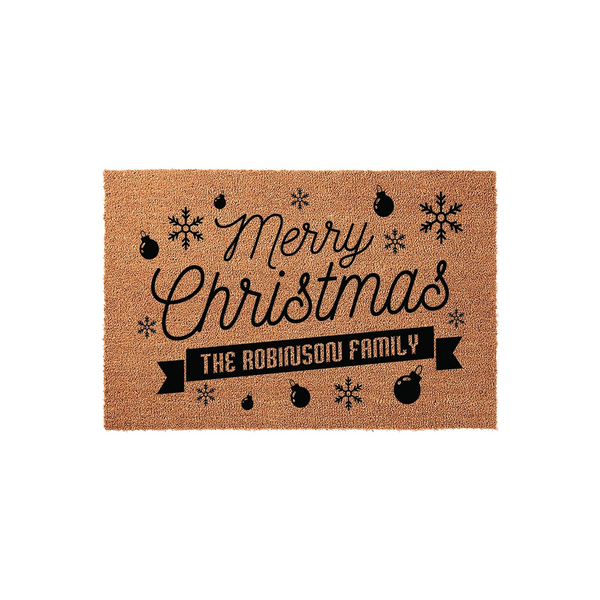 Personalized Merry Christmas coir doormat featuring a festive holiday design with black snowflakes and ornaments, displaying a custom family name on a banner against a natural tan fiber background for a welcoming seasonal