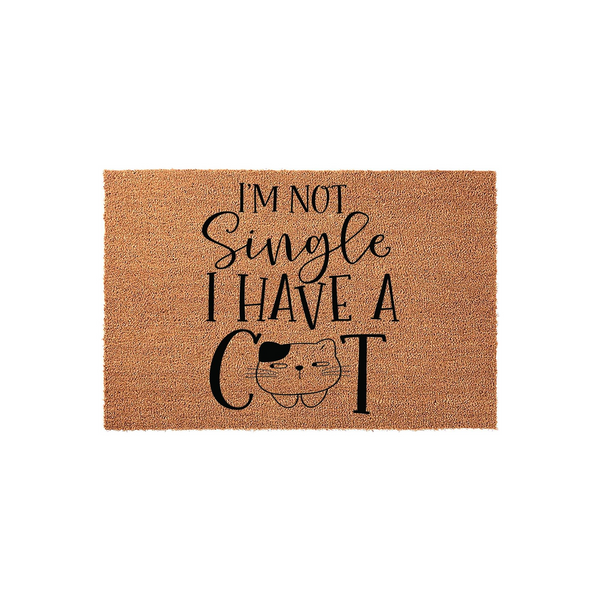 Funny Cat Lover Doormat featuring natural coir fibers and black text that reads I am not single I have a cat, with a cute illustrated feline face replacing the letter A in the word cat on this humorous indoor or outdoor entryway