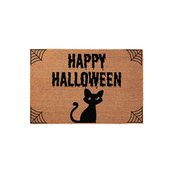 Happy Halloween coir doormat featuring a black cat silhouette and spider web corner accents, set against a plain white background to highlight the festive seasonal decor for your front porch entry during the spooky fall holiday.