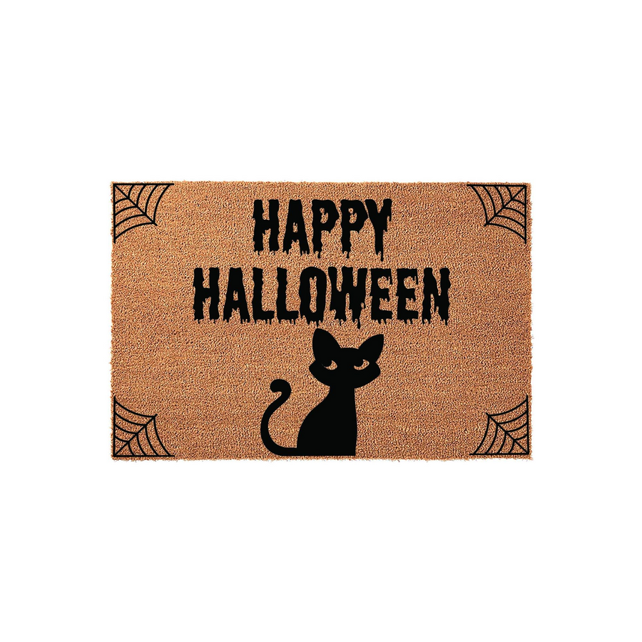 Happy Halloween coir doormat featuring a black cat silhouette and spider web corner accents, set against a plain white background to highlight the festive seasonal decor for your front porch entry during the spooky fall holiday.