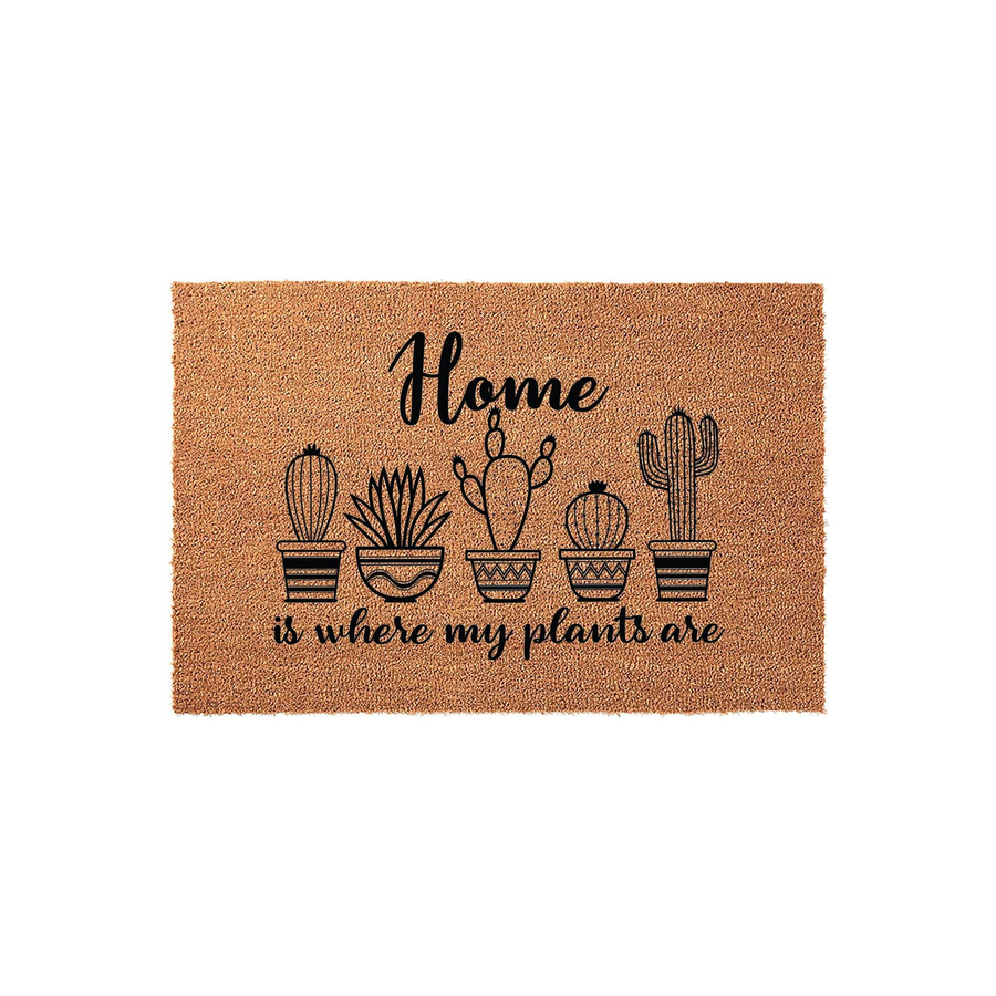 Home is where my plants are coir doormat featuring a row of five illustrated potted cacti and succulents in black ink on a natural brown fiber background, creating a charming entryway accent for any plant lover or gardener home