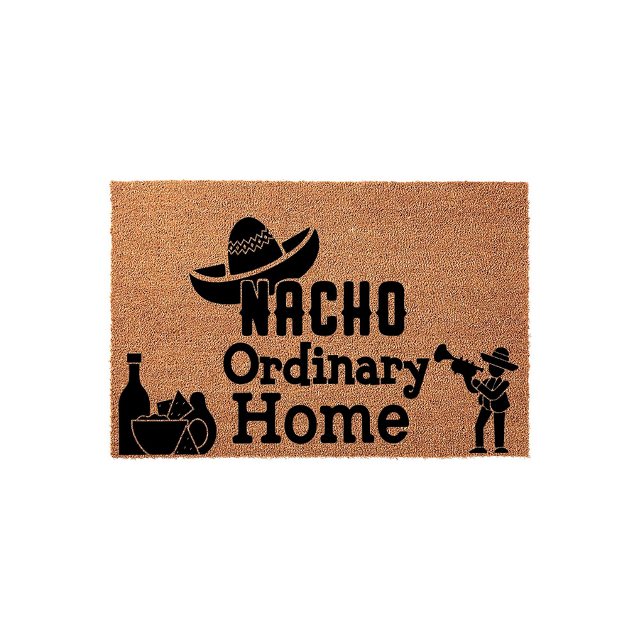 Nacho Ordinary Home coir doormat featuring a black printed design of a sombrero, a bowl of chips, and a musician playing a trumpet on a natural tan fiber background, creating a fun and welcoming entrance for any house or