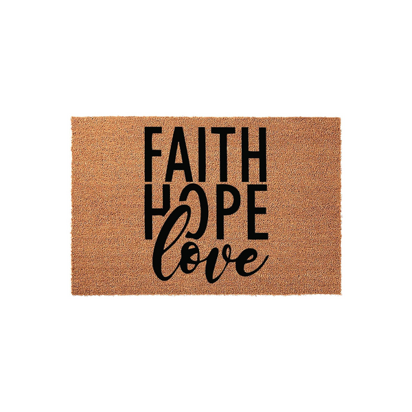 Faith Hope Love coir doormat featuring bold black typography printed on a natural brown coconut fiber mat, creating a welcoming and inspirational entryway decor piece for your front porch or home entrance on a clean white