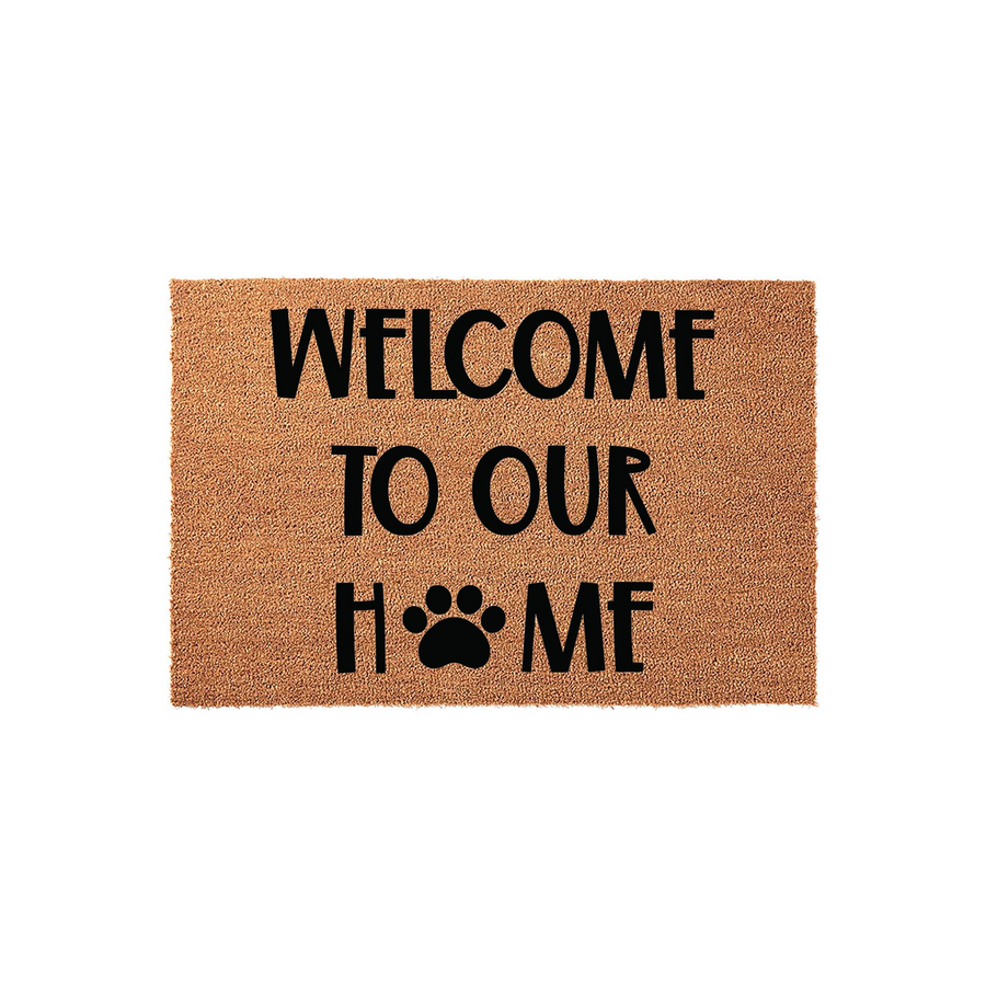 Pet lover welcome doormat featuring a natural coir texture and bold black text that reads Welcome To Our Home, with a cute paw print replacing the letter O to celebrate your furry family members in a rustic entryway style.