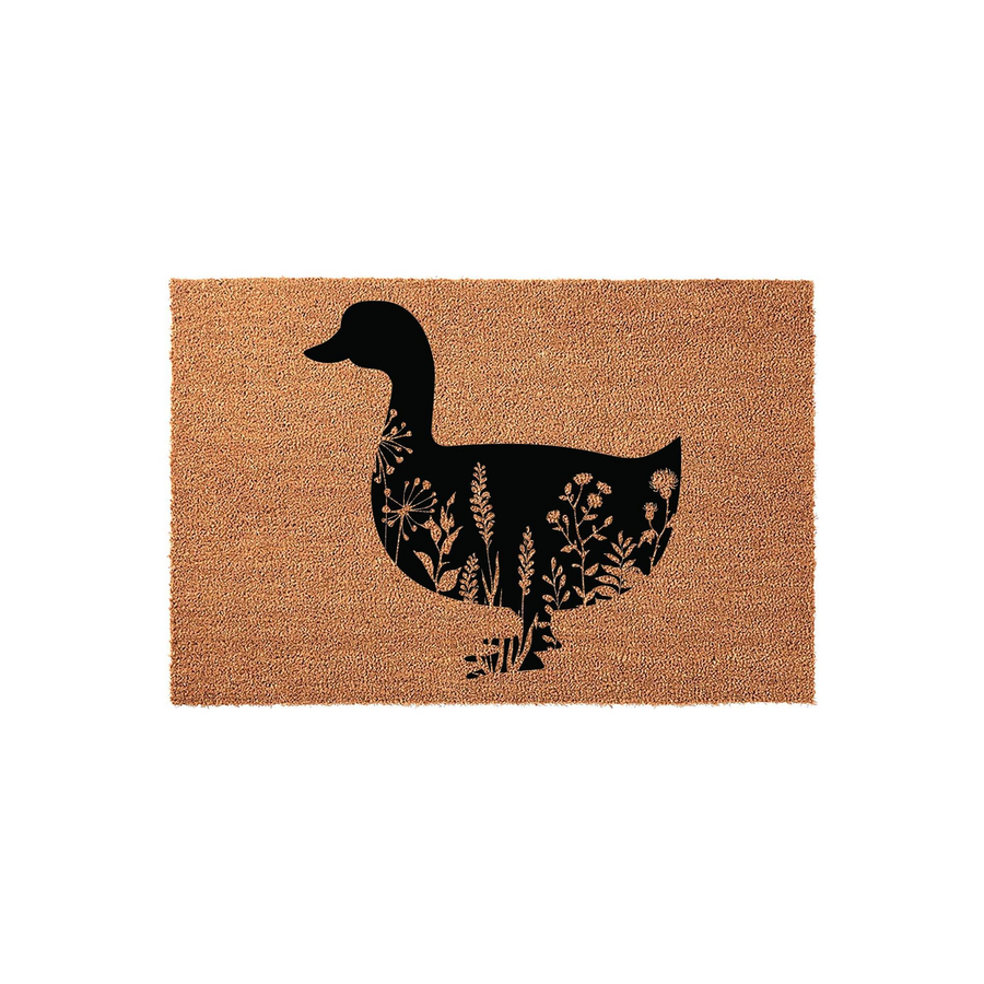 Floral Duck Coir Doormat featuring a black silhouette of a duck filled with intricate botanical wildflower illustrations, set against a natural brown textured coir background for a rustic farmhouse entryway or porch decor.