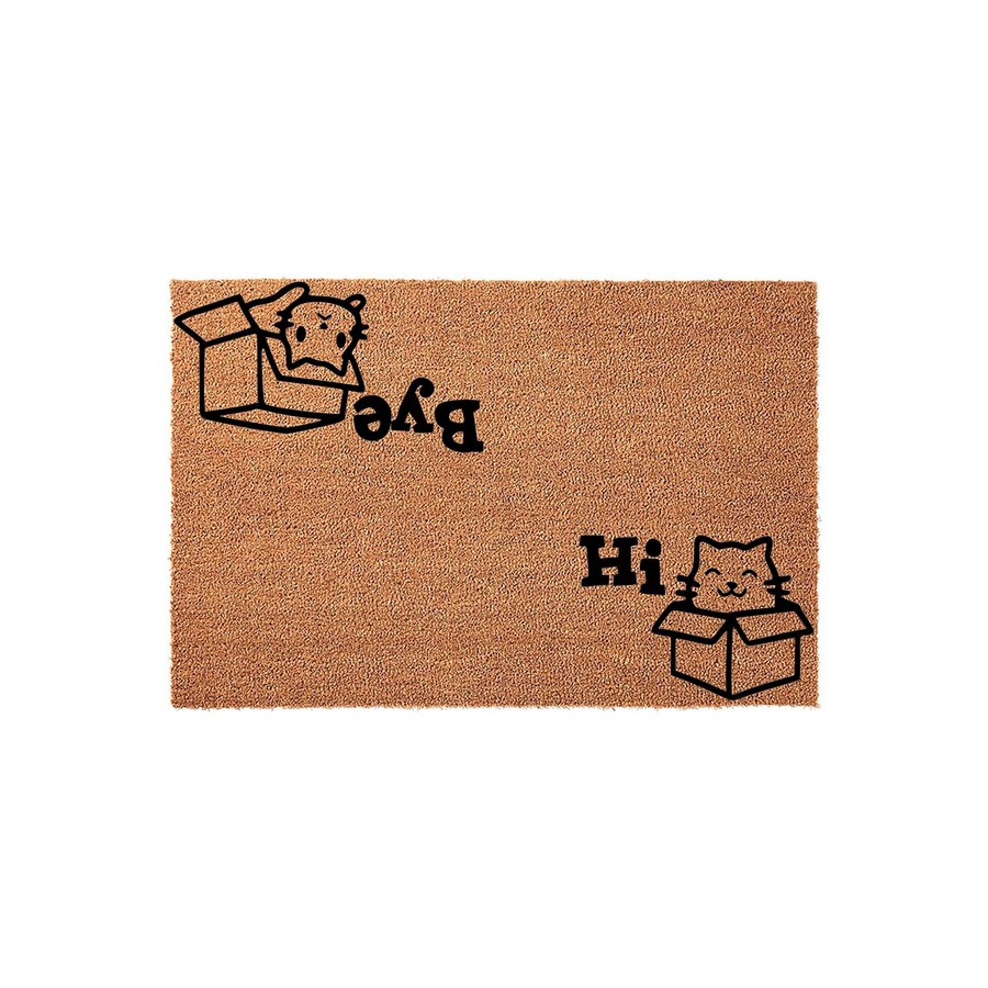 Cat in a box coir doormat featuring a cute feline illustration with the word Hi on one side and a cat peeking out of a box with the word Bye on the other, set against a plain white background for a clean and modern entryway