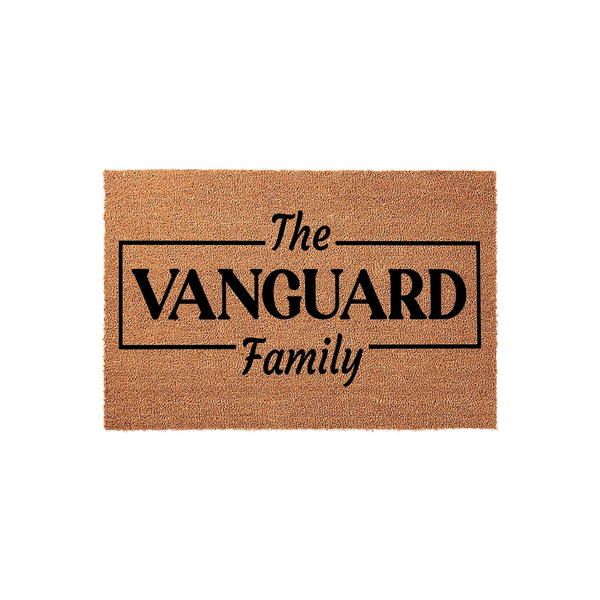 Personalized family name coir doormat featuring a rectangular border design with the text The Family centered in bold black lettering, providing a durable and welcoming entrance mat for any home front porch or entryway decor.