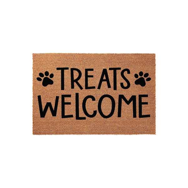 Treats Welcome coir doormat featuring a natural brown fiber texture with bold black text and paw print accents, creating a fun and inviting entryway decor piece for any dog lover or pet owner looking to spruce up their front