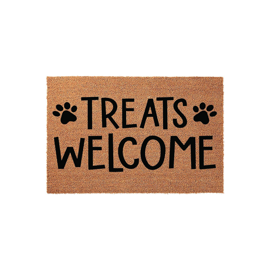 Treats Welcome coir doormat featuring a natural brown fiber texture with bold black text and paw print accents, creating a fun and inviting entryway decor piece for any dog lover or pet owner looking to spruce up their front