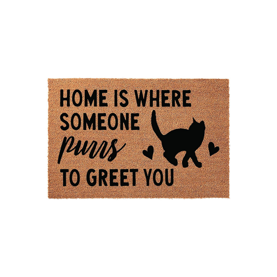 Cat Lover Coir Doormat featuring a black silhouette of a cat and the text Home is where someone purrs to greet you, set against a natural brown fiber background that adds a cozy and welcoming touch to any front porch or entryway