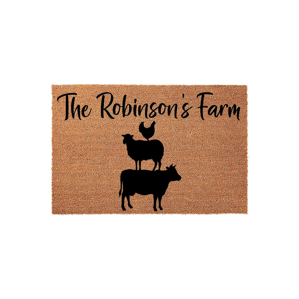Personalized Farmhouse Coir Doormat featuring a stack of black silhouette animals including a cow, sheep, and chicken, with custom family name text printed above on a natural brown textured coir fiber background for a rustic