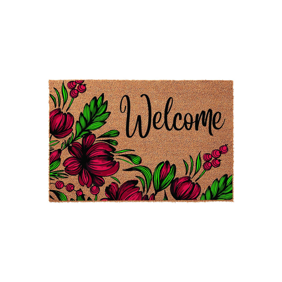 Floral Welcome Doormat featuring a natural coir texture with a vibrant illustration of deep red flowers, green leaves, and berries along the left and bottom edges, creating a cheerful entryway accent for your home front porch