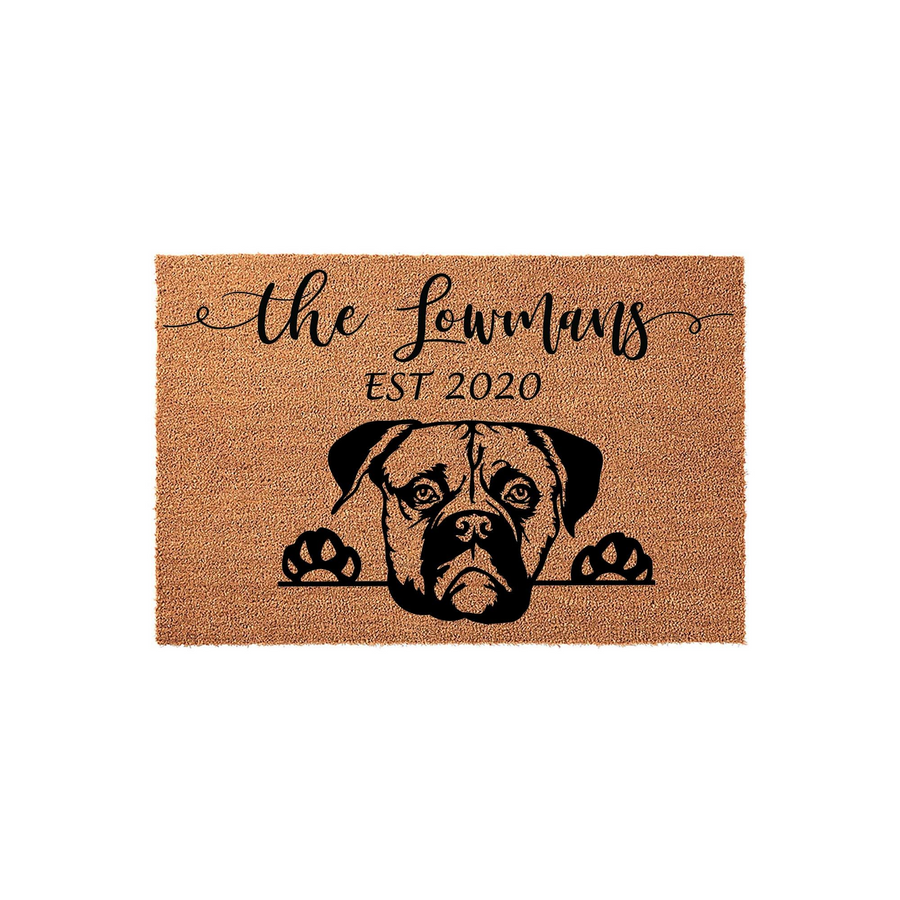 Personalized Boxer Dog Coir Doormat featuring a black silhouette of a Boxer dog peeking over the edge, customized with a family name and established year printed in elegant black script on a natural tan fiber background.