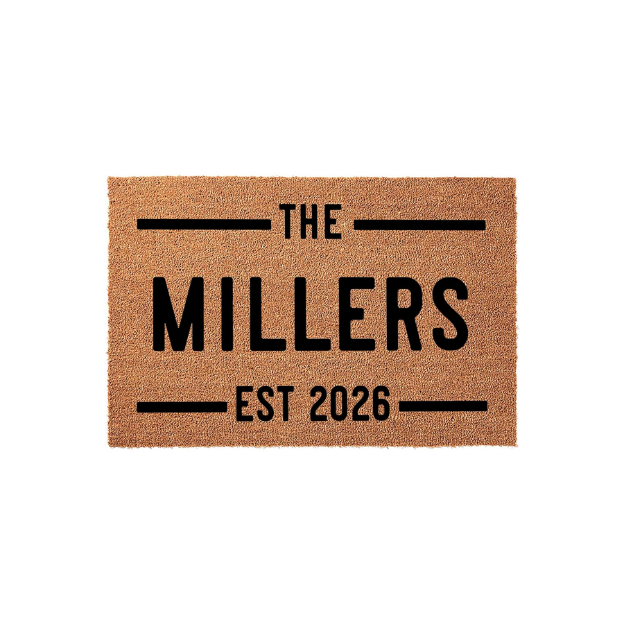 Personalized family name coir doormat featuring a natural tan fiber texture with bold black text that reads The Millers and Est 2026, creating a classic and welcoming entrance decor piece for any new home or housewarming