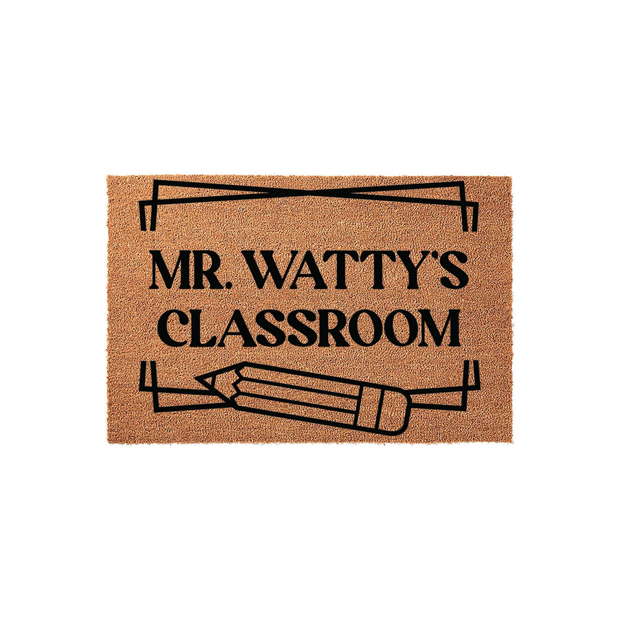 Personalized Teacher Classroom Doormat featuring a natural coir texture with black text that reads Mr. Watty's Classroom, accented by a simple pencil graphic and clean geometric lines on a plain white background for a school