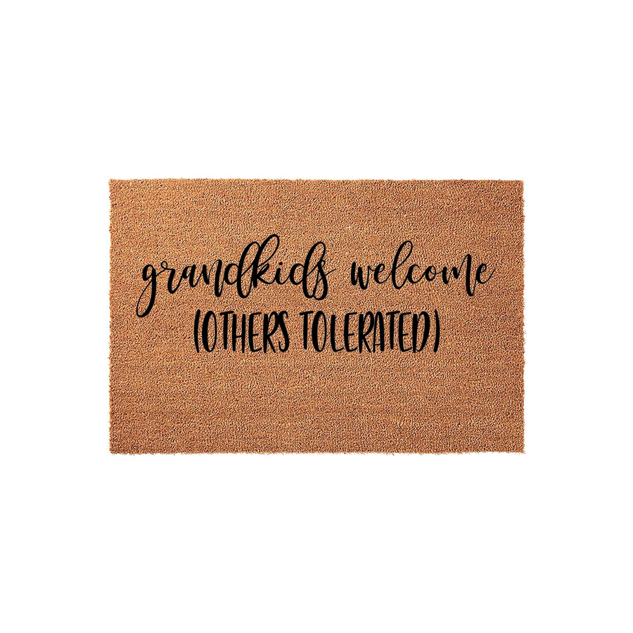 Grandkids Welcome Others Tolerated coir doormat featuring a natural brown fiber texture and bold black lettering, providing a humorous and inviting entryway accent for any grandparent who loves hosting their family at the front