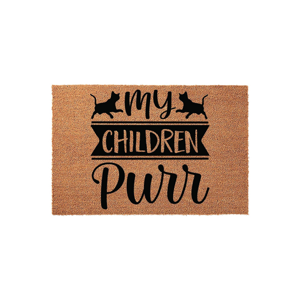 My Children Purr cat lover doormat featuring a natural coir texture with bold black text and silhouettes of two playful cats, creating a fun and welcoming entryway accent for any feline enthusiast's home decor.
