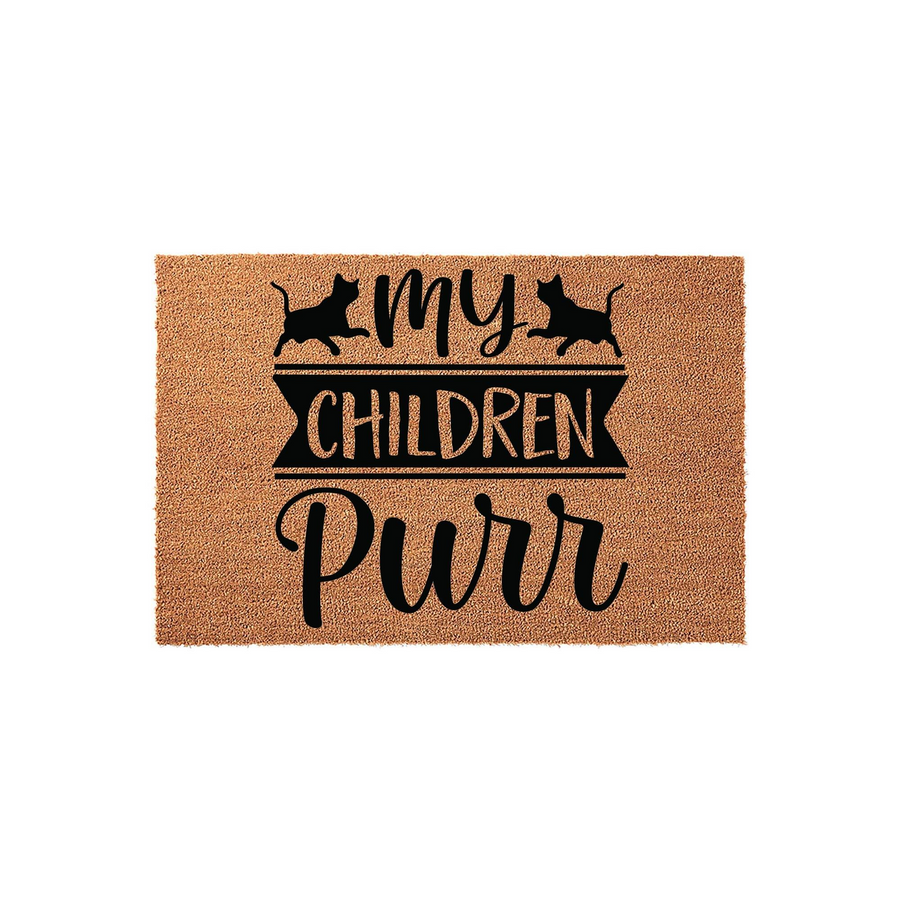 My Children Purr cat lover doormat featuring a natural coir texture with bold black text and silhouettes of two playful cats, creating a fun and welcoming entryway accent for any feline enthusiast's home decor.