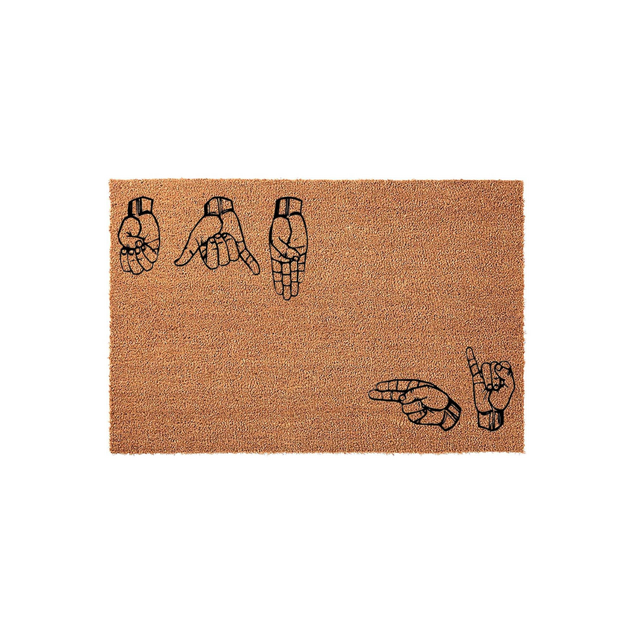 American Sign Language ASL Welcome Doormat featuring black line art hand gestures spelling out a greeting on a natural brown coir fiber mat, providing a unique and inclusive way to welcome guests to your home entrance.