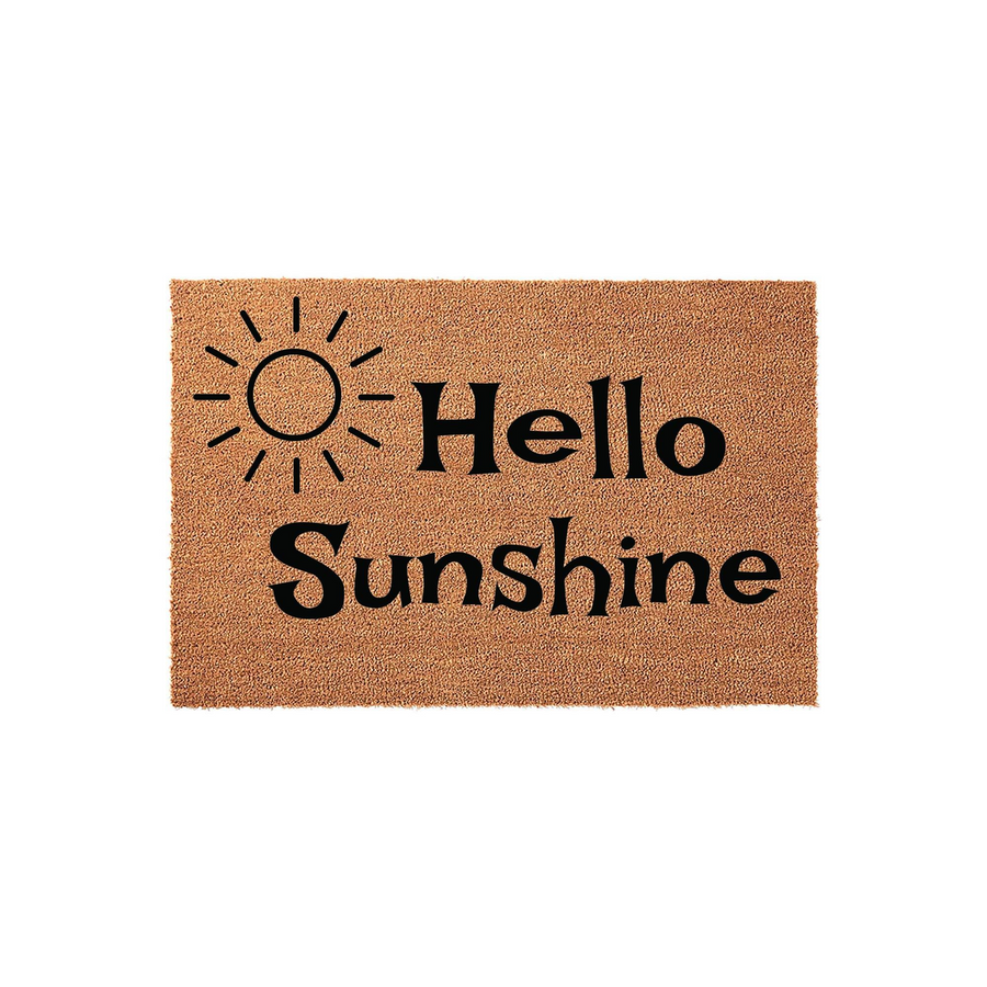 Hello Sunshine coir doormat featuring a minimalist black sun icon and bold typography on a natural brown fiber background, creating a cheerful and welcoming entrance decor piece for your front porch or home entryway.