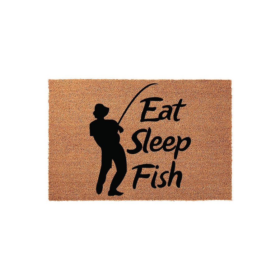 Eat Sleep Fish coir doormat featuring a black silhouette of a fisherman casting a line, set against a natural brown textured coconut fiber background for a rustic outdoor entrance decor piece that celebrates the hobby of fishing.