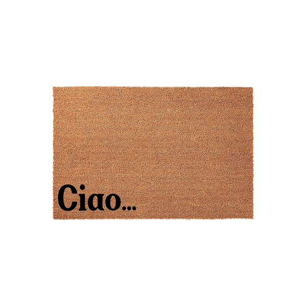 Ciao Coir Doormat featuring a natural tan fiber texture and bold black lettering in the bottom left corner, providing a stylish and welcoming entrance piece for your front porch or home entryway on a clean white studio background.