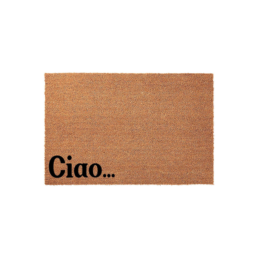Ciao Coir Doormat featuring a natural tan fiber texture and bold black lettering in the bottom left corner, providing a stylish and welcoming entrance piece for your front porch or home entryway on a clean white studio background.