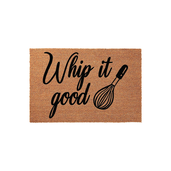 Whip It Good kitchen doormat made of natural coir fiber, featuring bold black script text and a whisk illustration centered on the rectangular mat, perfect for adding a fun and functional touch to any home cook's entryway or