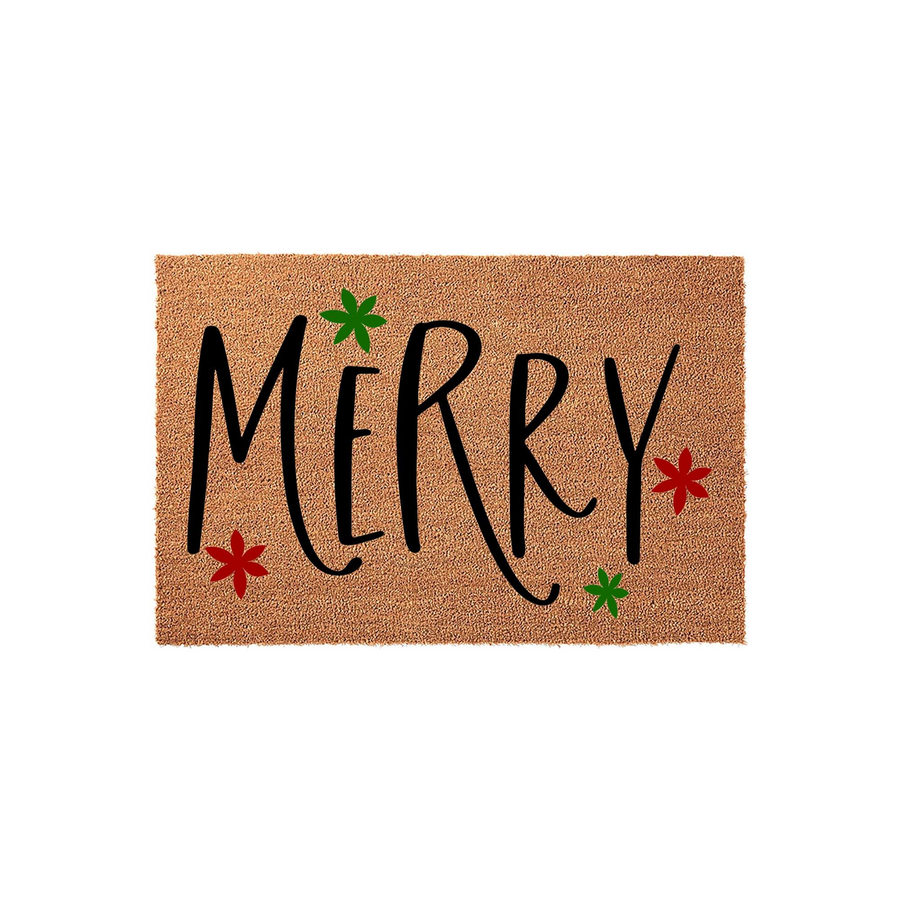 Merry Christmas coir doormat featuring a natural brown fiber texture with the word Merry written in a bold black script font, accented by small red and green floral star shapes against a clean white studio background for holiday