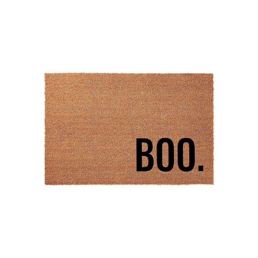 Boo Halloween Coir Doormat featuring a natural brown fiber texture with the word BOO printed in bold black capital letters in the bottom right corner, set against a clean white studio background for a festive seasonal entryway