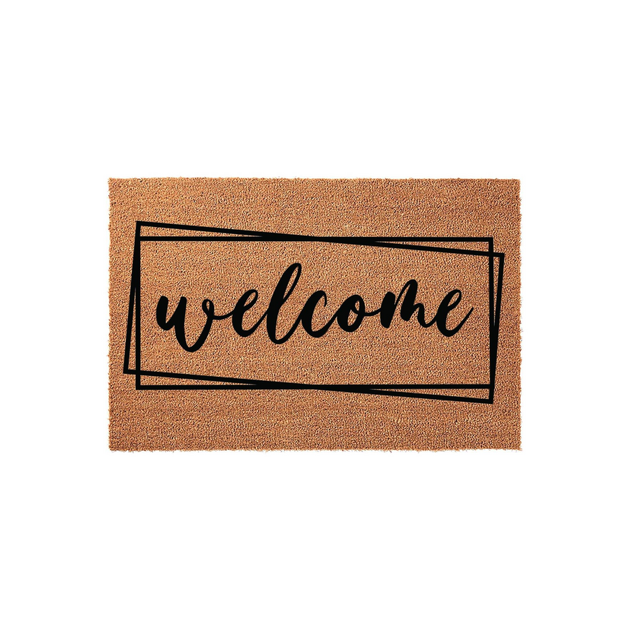 Welcome Coir Doormat featuring a natural tan fiber texture and a modern black script font centered inside two overlapping rectangular frames, creating a stylish and inviting entryway accent for your front porch or home decor.