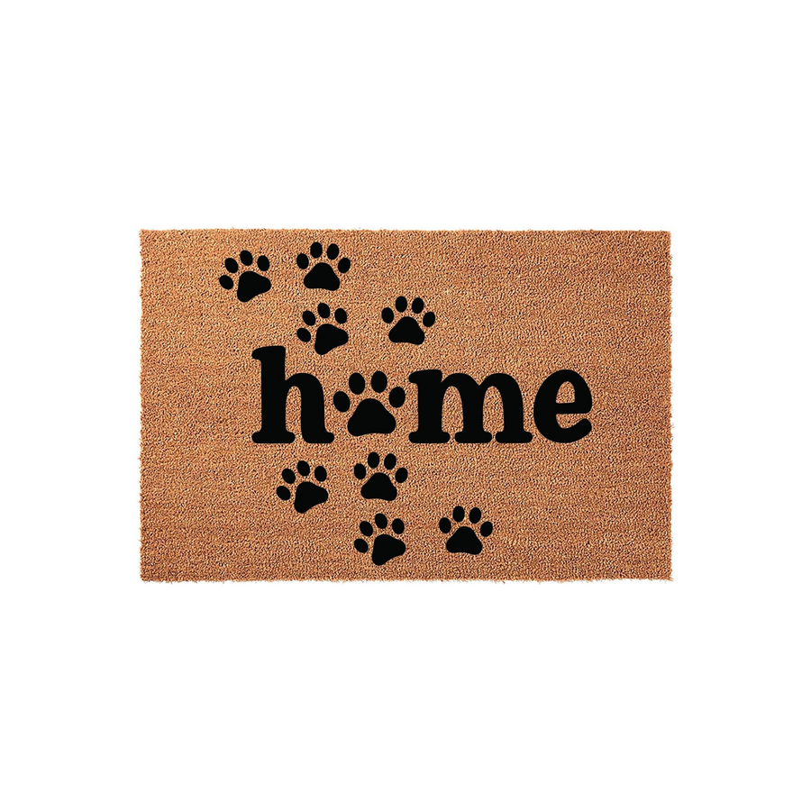 Dog Paw Print Home Doormat featuring a natural coir fiber texture with the word home printed in black, where the letter o is replaced by a paw print and surrounded by scattered black paw prints on a plain white background.